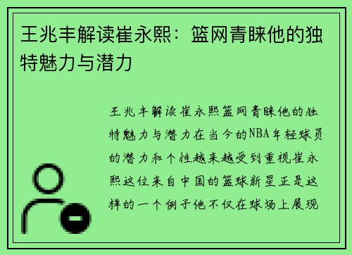 王兆丰解读崔永熙：篮网青睐他的独特魅力与潜力