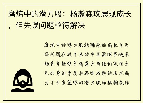 磨炼中的潜力股：杨瀚森攻展现成长，但失误问题亟待解决