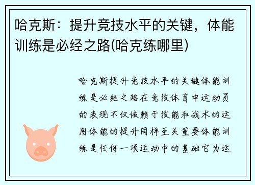 哈克斯：提升竞技水平的关键，体能训练是必经之路(哈克练哪里)