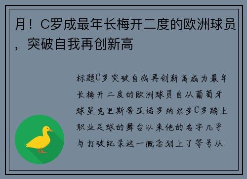 月！C罗成最年长梅开二度的欧洲球员，突破自我再创新高