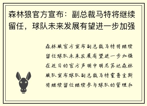 森林狼官方宣布：副总裁马特将继续留任，球队未来发展有望进一步加强